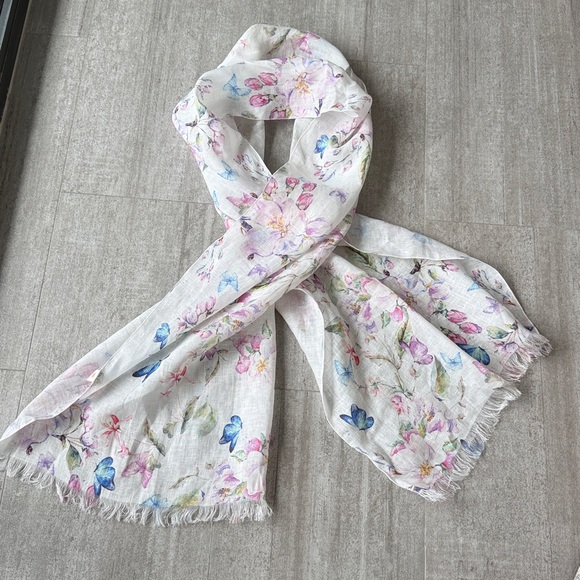 100% European linen white butterfly floral scarf from Italy